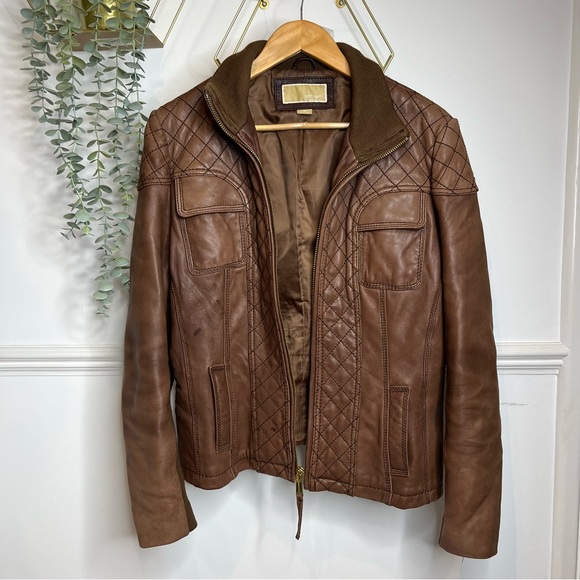 Michael kors brown tan leather with wool collar aviation style bomber jacket xl - Picture 6 of 12